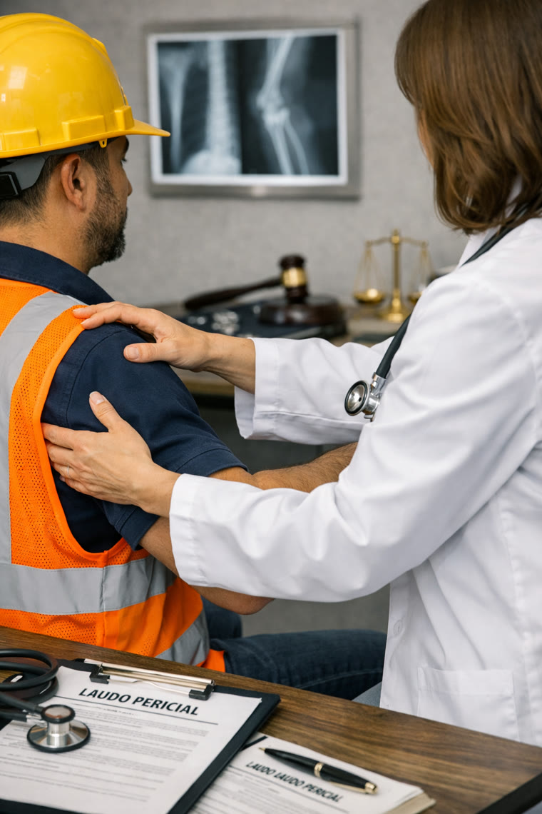 Médica examinando trabalhador durante perícia